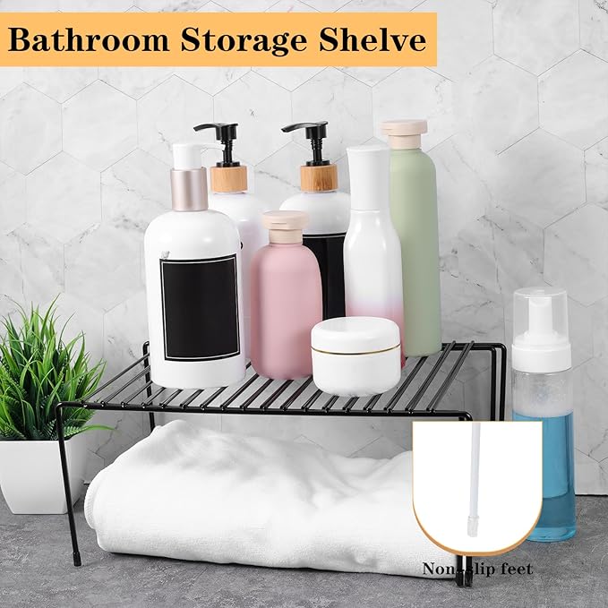 Kitchen Cabinet Organizer Expandable Storage Shelves Cupboard Spice Shelf Rack with Scratch Resistant Feet Metal Kitchen Counter Shelf Freezer Shelfs Rack for Counter Pantry Dish Spice (Black)