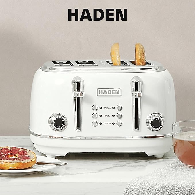 HADEN Heritage Toaster with Extra Wide Slots, 1500-Watt, Ivory & Chrome - Retro Stainless Steel Design with Self-Centering Function, Adjustable Browning Control & Removable Crumb Tray