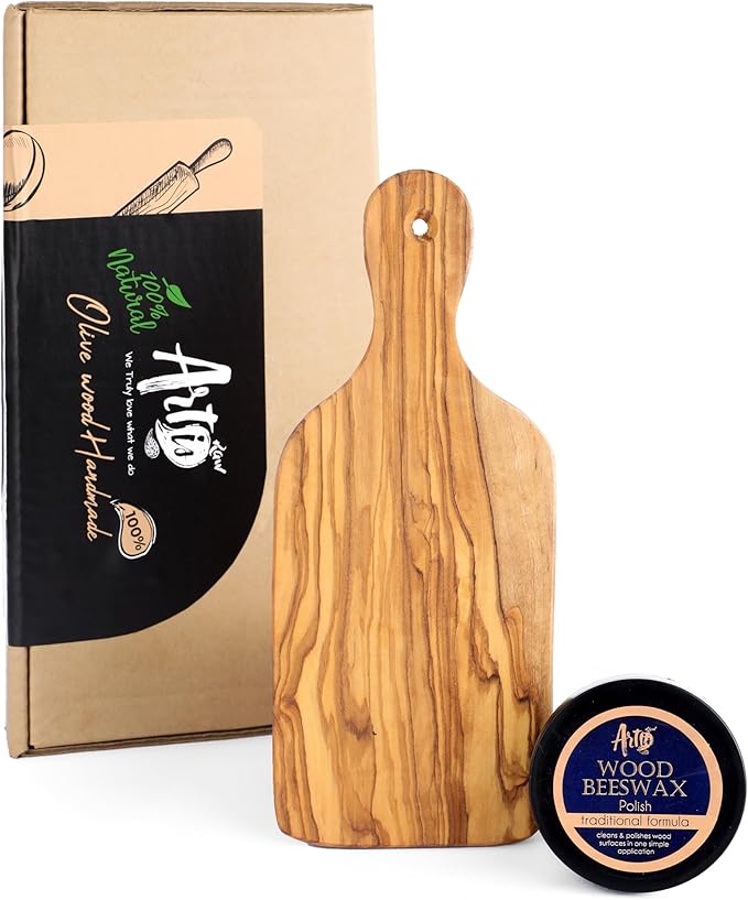 Olive Wood Cutting Board - 23cm (9.05") Handmade Mediterranean Olivewood Chopping Board with Hanging Hole - Durable Eco-Friendly Kitchen Board with Natural Beeswax Finish