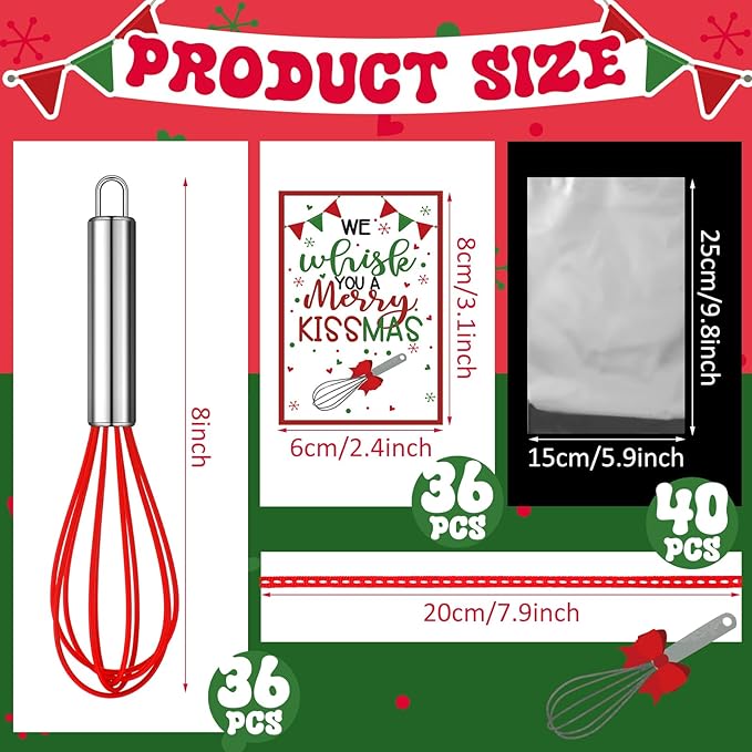 Nuogo 36 Sets Christmas Whisk Baking Supplies Gifts Christmas Neighbor Gifts Includes 8 Inch Stainless Steel Whisk,Greeting Cards,Ribbons,Plastic Bags for Home Cooking Supplies Xmas Stocking Stuffers