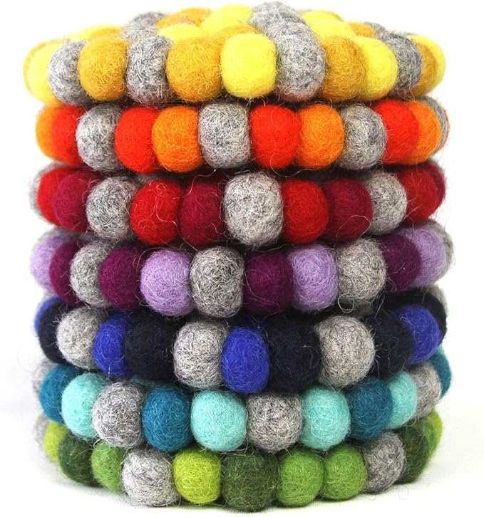 Global Crafts Hand Crafted Felt Ball Wool Trivet Mat from Nepal, 8" Round Pad Chakra, Greens