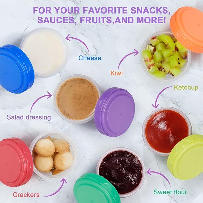 Caperci 6 Pack Salad Dressing Container To Go - 2.7oz Leak-Proof Small Food Storage Containers with Lids, Reusable Condiment Sauce Cups for Lunch Box, BPA-Free (Multicolor)