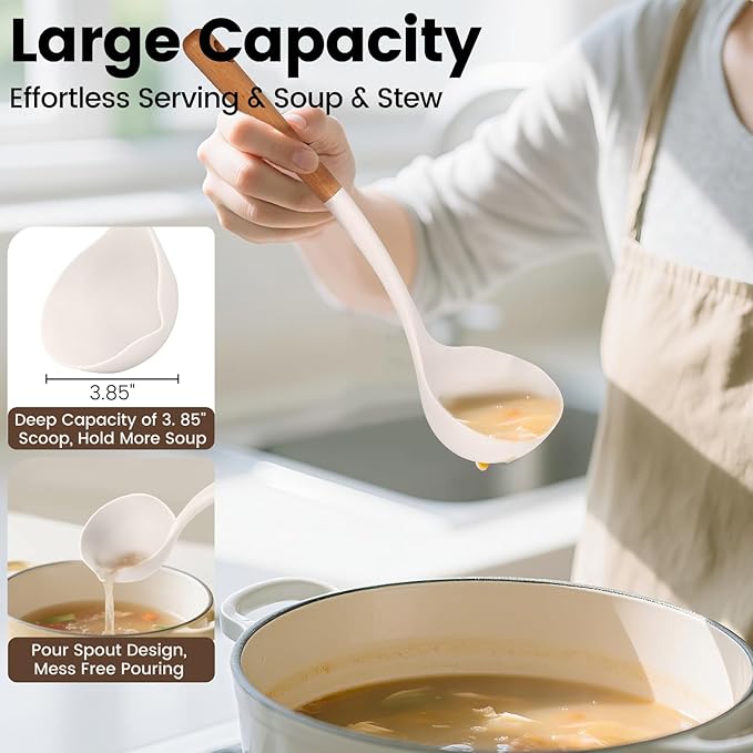 Silicone Soup Ladle Spoon, Kitchen Soup Cooking Spoons Set, Large Spaghetti spoon, Nonstick Pasta Spoon, Heat Resistant Pasta Fork for Serving Soup, Noodle, Sauce