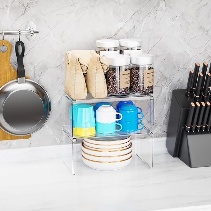 Yieach 2 Pack Acrylic Clear Cabinet Organizer Shelf for Kitchen,Countertop,Stacking 2 Tier Desk Organizers Stand and Cabinet Risers for Dishes,Clear Shelf Organizer for Pantry Organizers and Storage