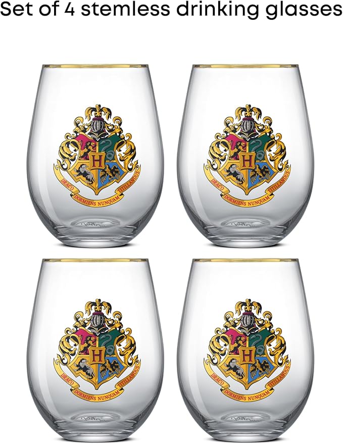 JoyJolt Harry Potter Hogwarts Heritage Stemless Drinking Glasses, 19oz Glass Tumblers, Teardrop Glass Drinking Glasses Set of 4, Hogwarts Cup, Harry Potter Gifts for Adults