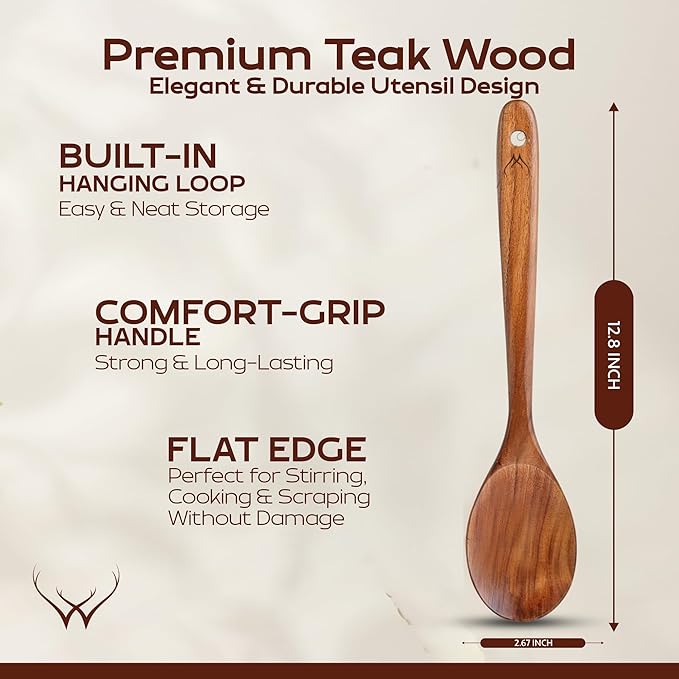 12" Long Handle Teak Wooden Spoon for Cooking with Large Teak Spoon Rest - Premium Wooden Spoons For Cooking - Wooden Kitchen Utensil Set, Essential Wood Utensil Set for Kitchen & Perfect for Gifts