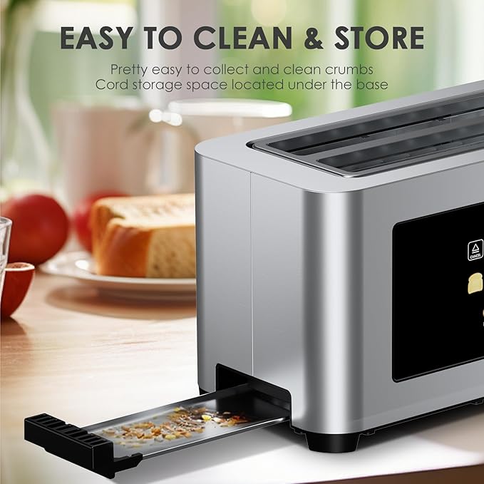 Geek Chef Toaster 4 Slice, 1.5" Touch Screen Extra Wide Slots for Bagels & Waffles, 6 Browning Levels, Timer, Reheat, Defrost, Cancel Function, Auto Shut-Off, Removable Crumb Tray, Stainless Steel