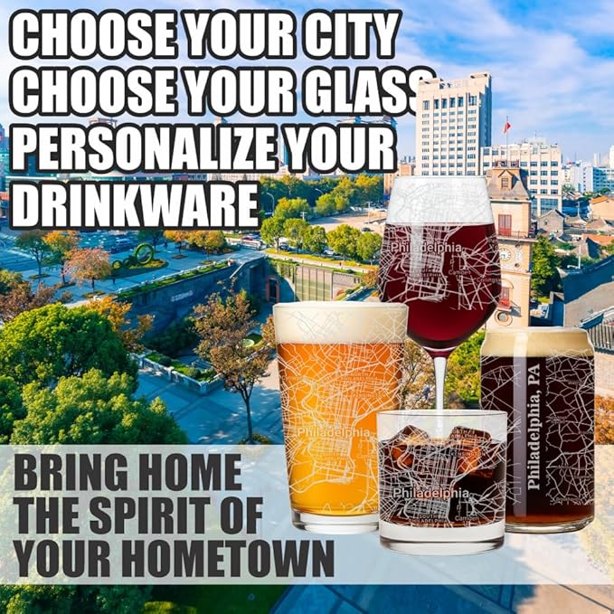 Blue Ridge Mountain Gifts - Philadelphia Souvenir - Pennsylvania Glassware Gift, Etched City Map, Laser Engraved and Dishwasher Safe