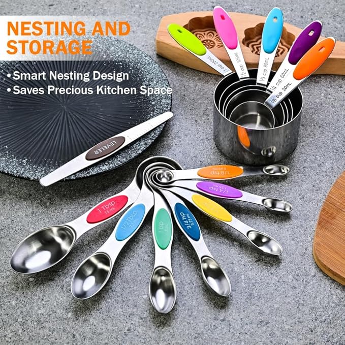 13-Piece Magnetic Measuring Spoons and Cups Set, Stainless Steel Kitchen Measure Tools with Silicone Handles, Nesting Dry and Liquid Measuring Cups for Baking Cooking (Multicolor)