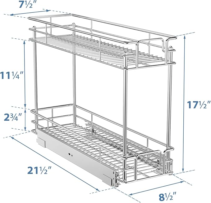 ROOMTEC Pull Out Spice Rack for Narrow Cabinet (8½" W X 21" D),2 Tier Slide Out Cabinet Organizer and Pull Out Shelves Under Cabinet Storage for Kitchen, Chrome