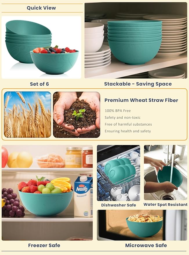 Homienly Wheat Starw Bowls, Bowl Set, Large Cereal Bowls, Serving Bowl Set of 6, Microwave and Dishwasher Safe, 40 OZ, Large Bowls for Salad, Soup, Ramen, Fruit,Dinner, Reusable, Stackable - Green