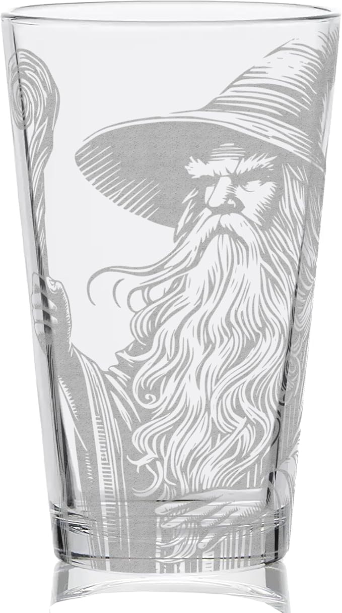GANDALF THE GREY Engraved 16oz Pint Glass | Inspired by Tolkien Power Ring and Middle Earth | Great Christmas Gift Idea | Unique Elvish Fantasy Wizard Fantasy Decor!