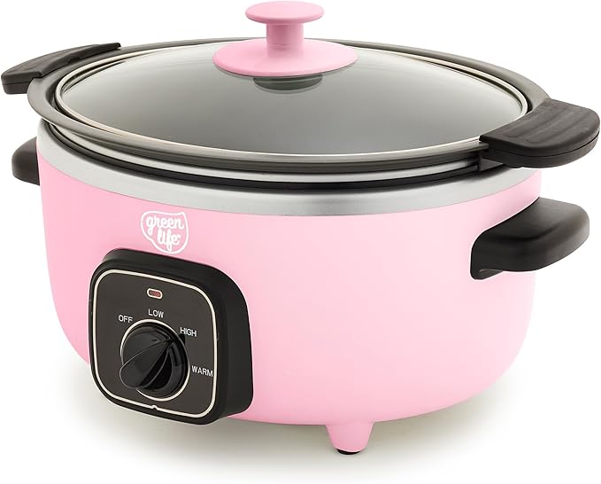 GreenLife 3.5QT Slow Cooker, PFAS-Free Non-Toxic Ceramic Nonstick Removable Interior Bowl, Programmable, Keep Warm, Stovetop & Oven Safe Pot, Dishwasher Safe Crock & Glass Lid, Pink