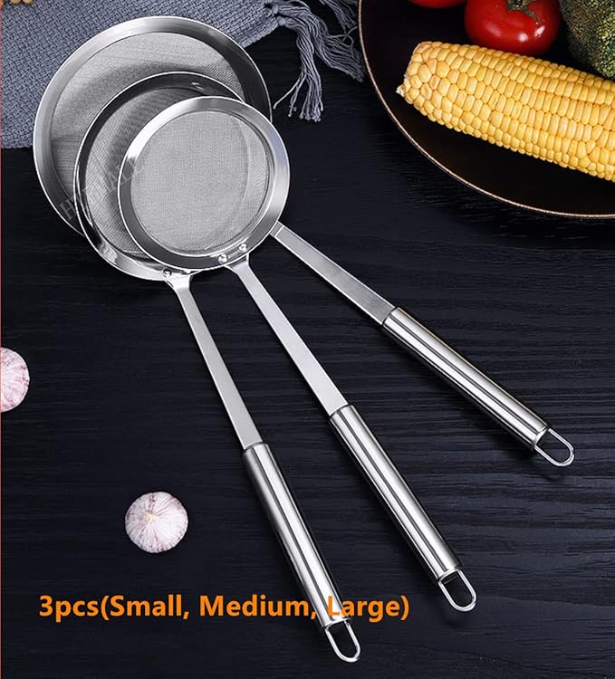 3pcs Skimmer Spoon(Small, Medium, Large), Stainless Steel Spider Strainer Skimmer Spoon Grease Fine Mesh Strainer Skimmer Spoons for Cooking Frying Skimming Grease, Foam and Gravy