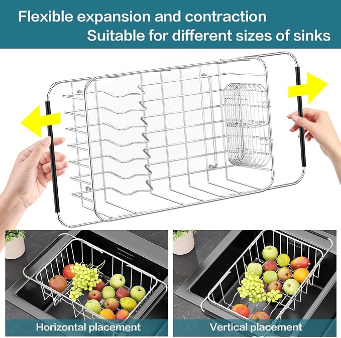 Small Dish Drainer Rack in Sink Adjustable, Expandable 304 Stainless Steel Metal Dish Drying Rack Organizer with Stainless Steel Utensil Holder Over Inside Sink Counter, Rustproof(For 1-2 People)