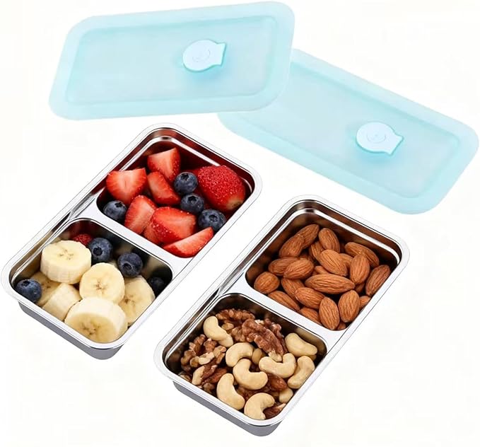 2Pcs Snack Pack Containers with Lids, Total 4 Compartment Snack Containers, Reusable Snack Containers for Adults, Stainless Steel Containers for Nuts, Fruits