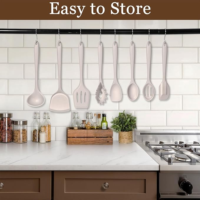 LIANYU 8Pcs Kitchen Cooking Utensils Set, Silicone Cooking Utensil Set, Heat Resistant Kitchen Tools for Nonstick Cookware, Includes Silicone Spatula, Spoon, Ladle, Turner, Dishwasher Safe, Khaki