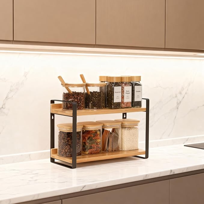 Countertop Spice Rack, Coffee Bar Accessories, Spice Racks,Counter Shelf, 2 Tier Coffee Organizer Station for Mugs, seasonings, Cream, Syrup(Black)