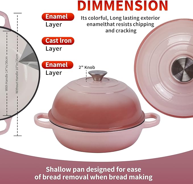 Dutch Oven for Sourdough Bread Baking, Enameled Cast Iron Dutch Oven Pot with Lid, Dome-Shaped Bread Dutch Ovens, 6 Qt, (Pink)