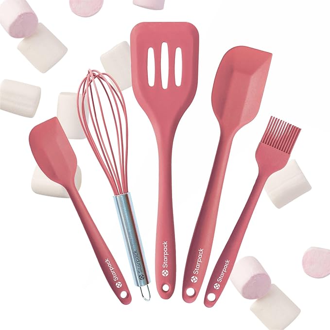 Starpack 'Flip & Whip' Premium Silicone Baking Utensils Set (5 Pcs) - 10" Pink Cooking Utensils with Large and Small Spatulas, Whisk and Basting Brush - Heat Resistant to 600°F - Baking Tool Set