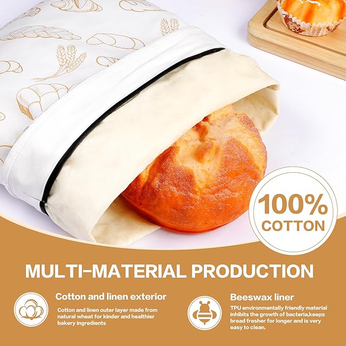 2 Pack Beeswax Bread Bag Reusable Bag for Sourdough, Extra Large Bread Bags for Homemade Bread, Cotton Bread Storage Bag for Keep Fresh