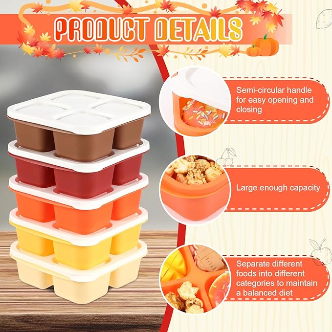 Honeydak 5 Pack Snack Containers 4 Compartment Bento Snack Boxes Reusable Lunchable Containers with Lids Divided Meal Prep Lunch Food Storage Box for School Work Travel(Thanksgiving,Equal)