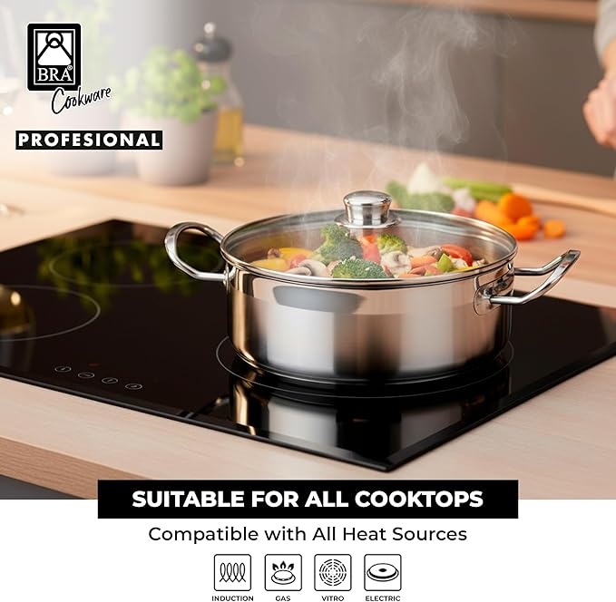 BRA COOKWARE Profesional 18/10 Stainless Steel Stock Pot w/Glass Lid | 9.5 Inch 4 Quart Professional Cooking Pot | 5.5mm Thick Base | PFOA Free Deep Pot | All Cooktops | All Cooktops & Oven Safe