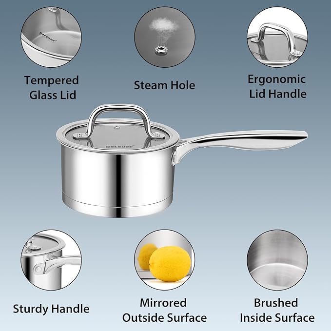 Rorence 1.5 QT Stainless Steel Saucepan, Sauce Pan with Clear Transparent Tempered Glass Lid for Sauce Gravy Pasta Vegetable, Induction Small Cooking Pot for All Stoves, Oven & Dishwasher Safe