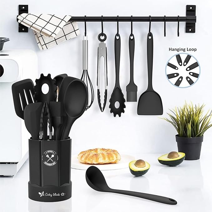 Silicone Kitchen Utensils Set, 16-Piece Silicone Cooking Utensils by Deedro, Heat Resistant Kitchen Tools Set with Holder, Nonstick Spatula Kitchen Gadgets for Cooking & Baking, Black
