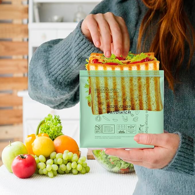 Compostable Sandwich Food Storage Freezer Bags, 80 Count | 2 Mil | 6.5 IN x 5.8 IN, Freshness Easy Open Reclosable Compost zip Bags