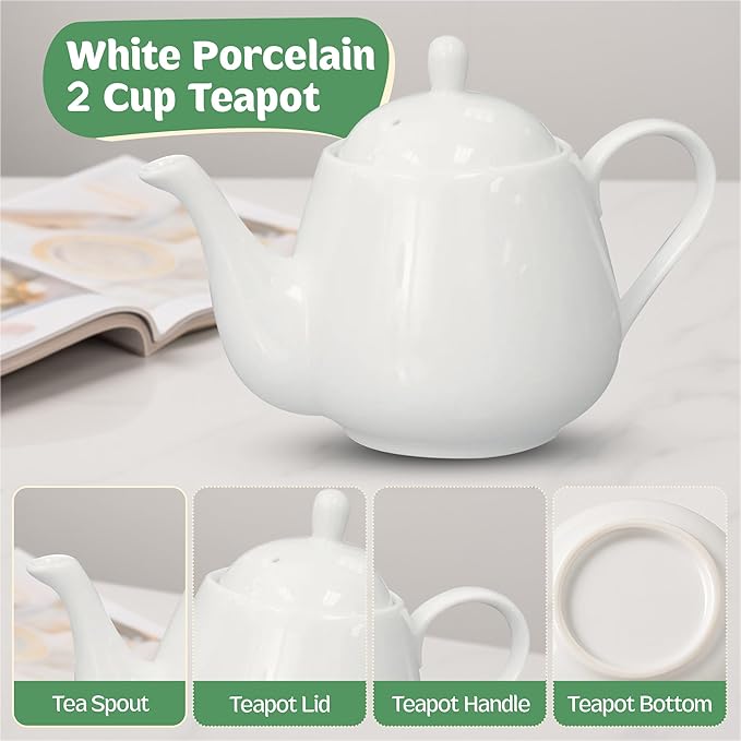 English Tea Store White Porcelain Teapot 2 Cup Raffles Small Ceramic Tea Pot for Loose Leaf Tea or Bags Modern White Teapots for Tea Party Durable Elegant Teapot Ceramic Teapot with Strainer