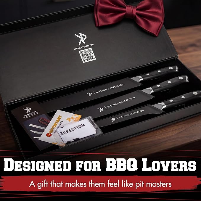 KITCHEN PERFECTION 3-Piece BBQ Slicing & Carving Meat Knife Set -12” Brisket Knife, 10” Butcher Knife, 6” Boning Knife with Sheaths -Razor Sharp German Steel,Full Tang Ergonomic Handles- Gifts for Men