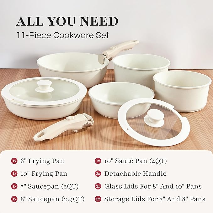 GOURMETIFIC® Pots and Pans Cookware Set [11 PIECES] - Non Toxic Ceramic Coated Cooking Ware - Induction, Gas & Oven Kitchenware - Non Stick Pot & Pan with Removable Handles & Stackable (Blush Pink)