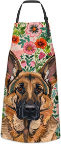 Charming German Shepherd Apron for Women Men, Cooking BBQ Chef Polyester Lightweight Dog and Vibrant Floral Aprons with Pockets for Baking Kitchen Gardening Cleaning, Adjustable, 28×33inch