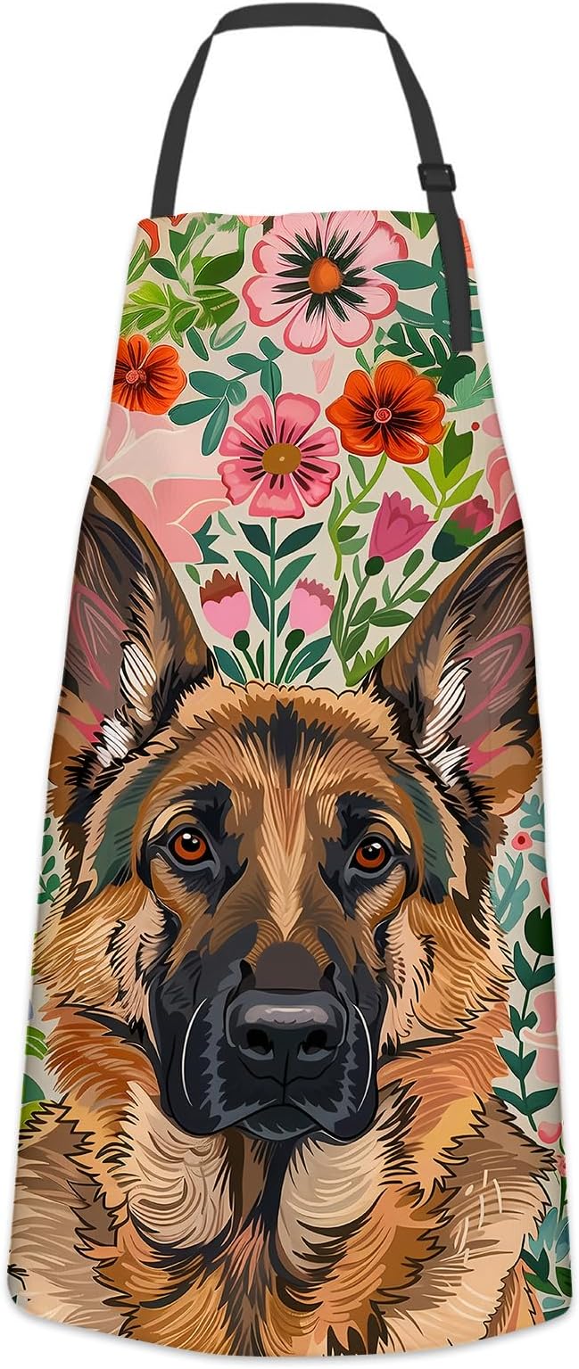 Charming German Shepherd Apron for Women Men, Cooking BBQ Chef Polyester Lightweight Dog and Vibrant Floral Aprons with Pockets for Baking Kitchen Gardening Cleaning, Adjustable, 28×33inch