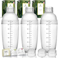 Homestia 3 Pack Plastic Cocktail Shaker with Extra 3 Caps, 700cc / 24 oz Clear Boba Tea Cup Matcha for Milk Wine Coffee Mixing, Bar Tool Hand Drink Mixer w/Scales and Strainer Top Clear Shaker Cup