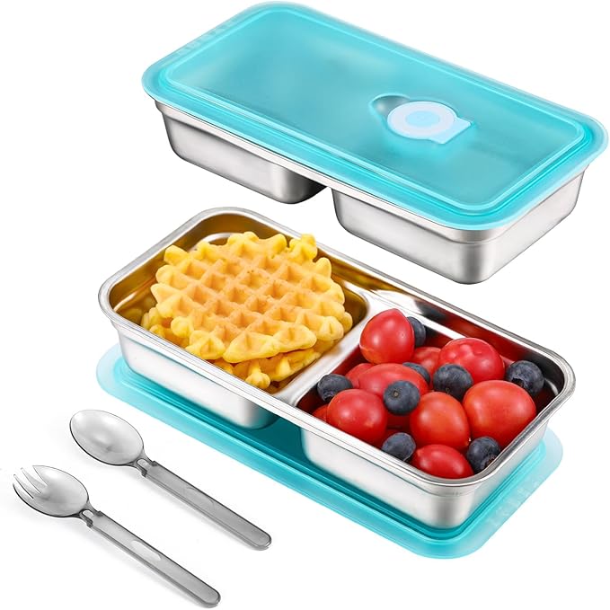 Stainless Steel Snack Containers with Lids, 2 Pack Reusable Grab and Go 2 Compartment Lunch Box for Travel & Outdoor Campin.