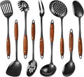 304 Stainless Steel Cooking Utensils Set,9PCS Metal Kitchen Utensils Set with Wooden Handle,Solid Spoon,Spatula,Ladle,Skimmer,Spaghetti Spoon,Dishwasher Safe(Black)