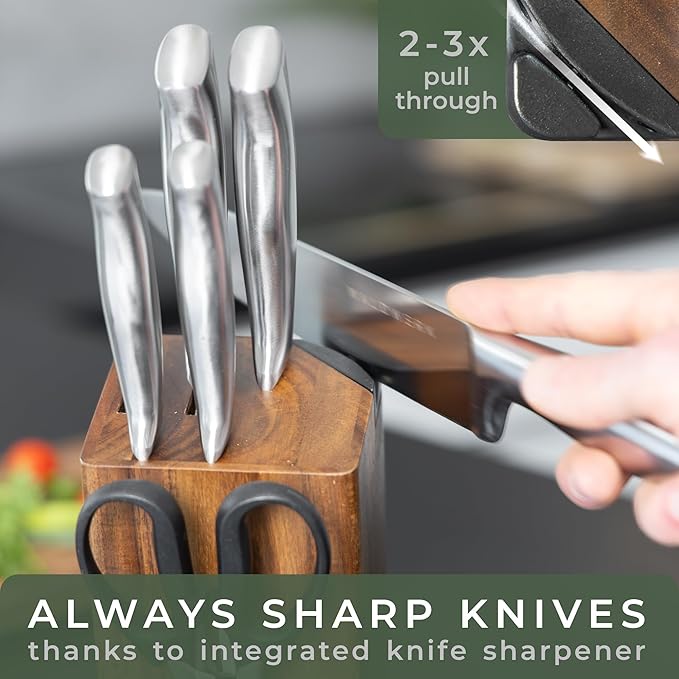 WALDWERK Knife Set - 7pcs Kitchen Knife Set with Block and Integrated Sharpener - Knife Block Set - Knife Block