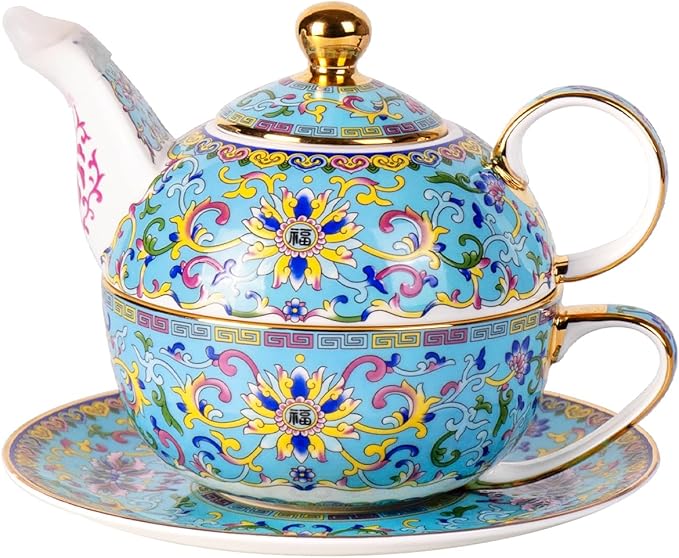 Tea for One, Porcelain Teapot and Cup Set, Vintage Tea Pot and Saucers Set, Ceramic Tea Set for Tea Party, Office and Home, Lake Blue Tea Cups and Saucer Set for Coffee, Cappuccino, Tea
