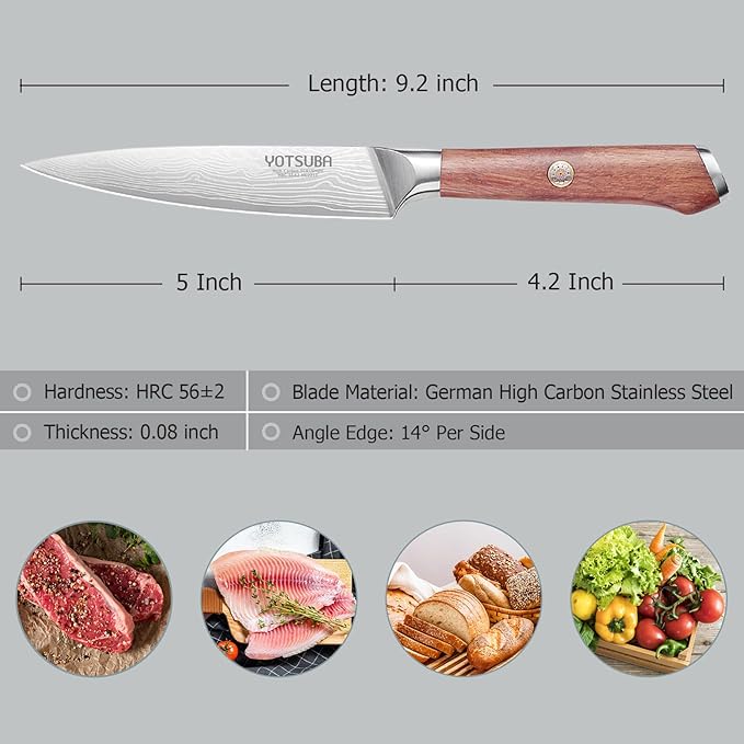 YOTSUBA Utility Knife,5 Inch Petty Kitchen Knife, Forged High Carbon German Steel chef knives, Paring knives, Full Tang & Razor Sharp Ergonomic Handle Design
