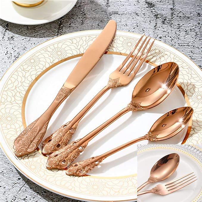 Royal Silverware Set for 8 Copper/Rose Gold Stainless Steel Flatware Retro Cutlery Vintage Eating Utensils Carved Design for Home Kitchen Restaurant Parties