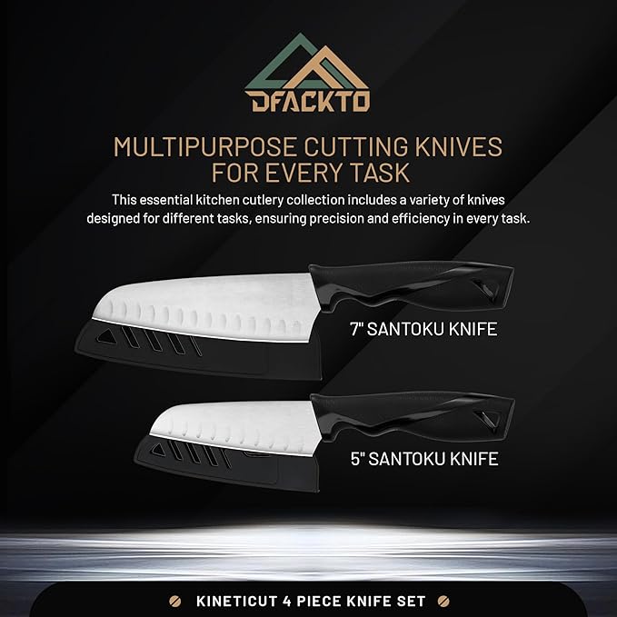 DFACKTO 2-Piece Santoku Knife Set – Stainless Steel Kitchen Cooking Knives w/Protective Covers, Dishwasher Safe, No Block, Sharp Chef Cutlery for Chopping, Cutting, Slicing Meat & Vegetables - Black