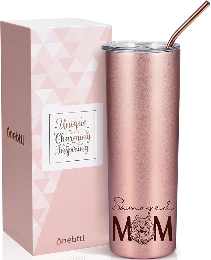 Onebttl Samoyed Dog Mom Gifts, Dog Lover Gifts for Women, Best Dog Mom Ever, 20 oz Rose Gold Insulated Tumbler