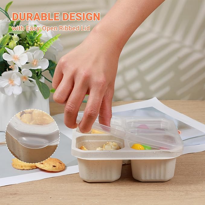 12 Pcs Reusable Bento Lunch Boxes 4 Compartment Snack Containers with Lids Wheat Straw Meal Prep Food Storage for Adults, Travel, Work (Beige)