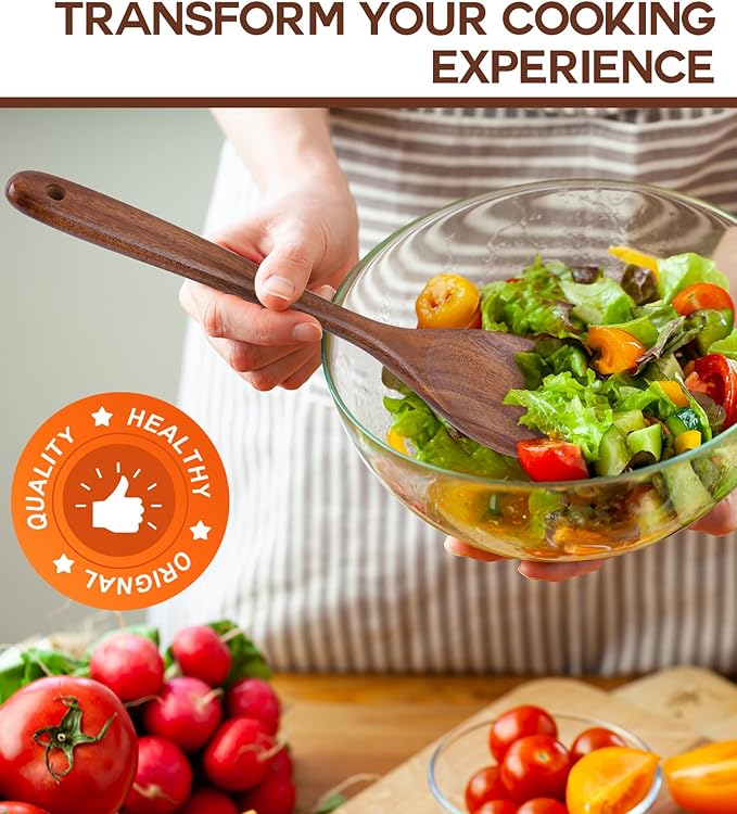 Wooden Spoons for Cooking, Natural Premium Teak Wooden Spoons, Good Grip Large Cooking Spoons and Wooden Spatula, Heat Resistant Wooden Cooking Utensils for Nonstick Cookware Serving, Perfect Gifts