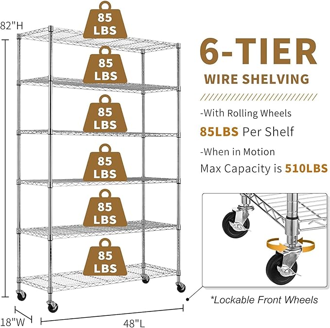 6-Tier Storage Shelves 48" x 18" x 82" Heavy Duty Metal Shelving Unit 2100Lb Capacity Adjustable Storage Racks with Wheels NSF Garage Wire Shelf for Basement Commercial, Chrome