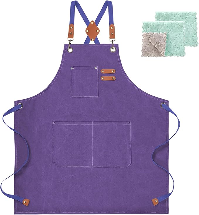 ZOMAO Chef Apron, Cotton Canvas Cross Back Apron with Pockets for Women and Men,Adjustable Strap and Large Pockets Apron,Kitchen Cooking Baking Bib Apron