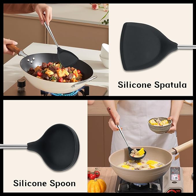 FJNATINH Silicone Spatula Ladle Set - BPA Free Stainless Steel Non Stick Heat-Resistant Kitchen Tools Cooking Utensils Cookware with Wooden Handle, 2 Pcs
