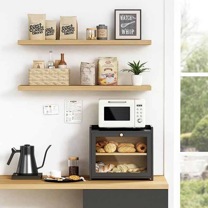 Black Bread Box for Kitchen Countertop, Large Bread Storage Container for Homemade Bread, Wood Farmhouse Breadbox Organizer for Kitchen Counter Corner, Cabinet, Pantry, Cupboard (Black)